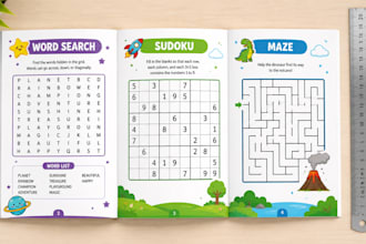 design kdp puzzle book, wordsearch, kids activity book, worksheet and logic game