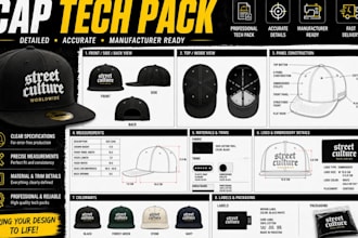 design detailed cap tech pack for hats, snapbacks and streetwear brands