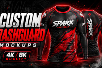 create custom MMA rashguard mockups, bjj, gym wear, sublimation designs
