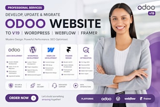 develop update migrate odoo website to v19 wordpress webflow framer design SEO