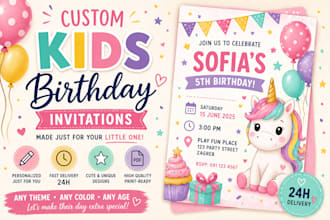 designe personalized kids birthday invitation in 24h