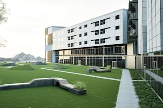 create minimalist 3d architectural exterior renders for apartments and landscape