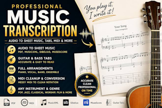 transcribe audio sheet music into notation tab midi satb and any transcriptions