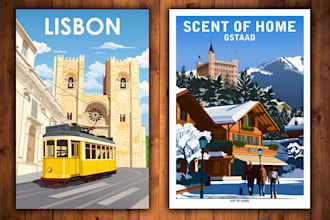 vintage retro art deco travel poster, tourism wall art, landscape illustration