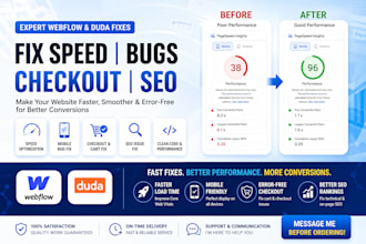 fix webflow duda speed mobile bugs checkout errors SEO issues and cart issues