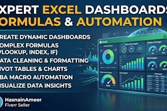 create dynamic excel dashboards, complex formulas, vba automation, data analysis