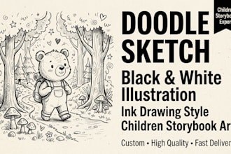 design doodle sketch illustration, ink line art, and children storybook visual