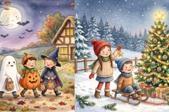 illustrate your halloween children story book and children christmas book