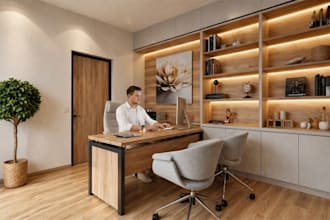 design home office, workspace interior and 3d office render