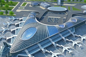 design realistic 3d airport terminal, runway layout and airport masterplan