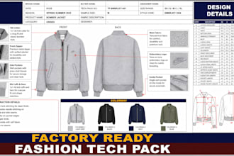design bomber jacket tech pack, flat sketch and cad for manufacturing