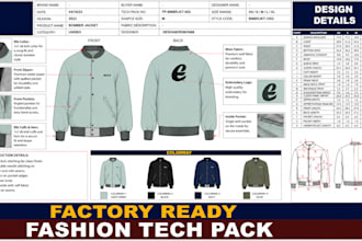 design bomber jacket tech pack, flat sketch and cad for manufacturing