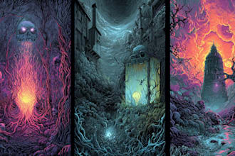 create detailed dark art illustrations for bands and merch