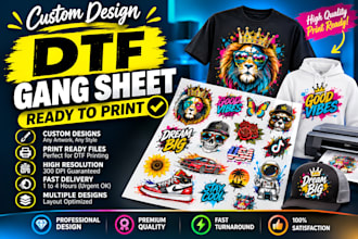 design custom dtf gang sheet for t shirt print ready fast delivery