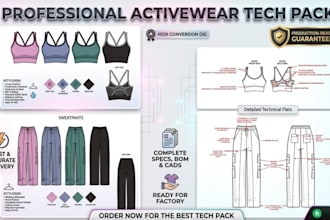 create activewear tech pack with technical drawing and flat sketch