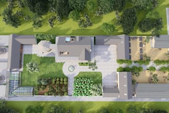 visualize conceptual master plan,modern farmhouse exterior,barn,landscape render