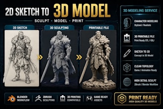 convert 2d sketch to 3d character model, sculpting and printable file