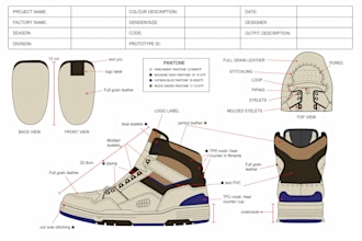 design shoe, sneaker, footwear, sandals with tech pack for manufacturing