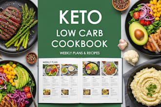 write and design a keto low carb cookbook with weekly plans and recipes