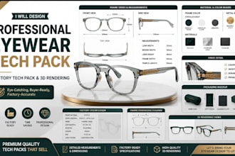 design professional eyewear tech pack, factory tech pack and 3d rendering