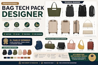 design and create a tech pack for backpack, handbag, duffle bag, luggage etc