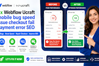 fix webflow ucraft mobile bug speed issues checkout fail payments error SEO