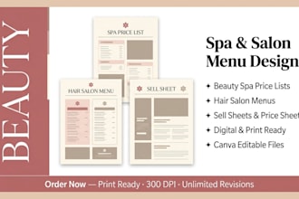 design beauty spa price list, hair salon menu design, price sheet and sell sheet