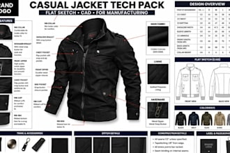 design casual jacket tech pack flat sketch cad for manufacturing