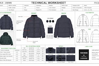 design bomber jacket puffer jacket tech pack flat sketch and cad  manufacturing