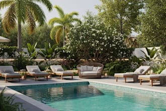 design 3d landscape, pool, terrace, patio and backyard garden