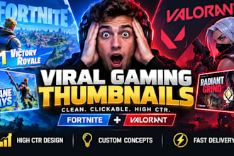 design viral gaming youtube thumbnails for fortnite and valorant