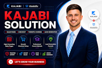 redesign kajabi sales page, checkout, thinkific courses uploads, lead generation