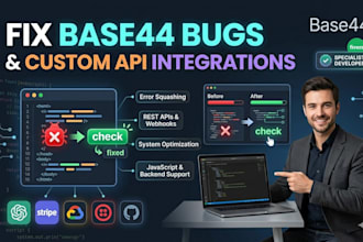 fix base44 bugs and setup custom API integratios for your  web app