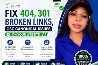 fix 404, 301 broken links, gsc canonical issues on your website