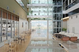 create cgi rendering of coworking space,biophilic office interior,3d lounge area
