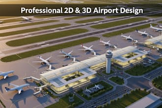 do 2d, 3d airport design, taxiway, aircraft layout with photorealistic rendering