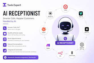 setup build ai receptionist using twillo, vapi,make, n8n,zapier,retell,bland gpt