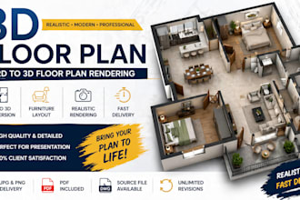 create 3d floor plan, interior layout and 2d to 3d floor plan rendering