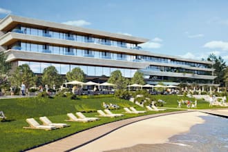 design 3d hotel exterior building,rooftop terrace, gazebo pool,commercial space