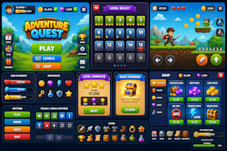 design 2d game UI UX, hud, icons, and mobile game interface