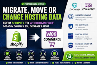 move hosting data from shopify to woocommerce, godaddy domain , SSL, database