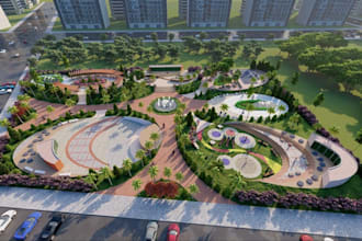 design 3d rv park, kids playground,public park visual, campground cgi rendering
