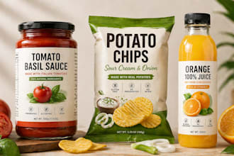 create food label design, snacks packaging and juice bottle label design
