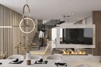 render 3d basement floor as a home garage interior ,tv couch design, dining area