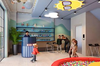 design 3d kids playroom, daycare and indoor playground interior with rendering