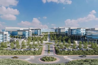render 3d campus masterplan,commercial development layout,office exterior design