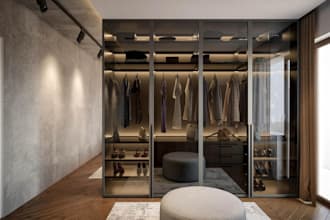 design realistic 3d walk in closet, wardrobe, dressing room with 3d render