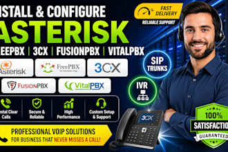 install, configure asterisk, freepbx, 3cx, fusionpbx, vitalpbx, sip trunks, IVR