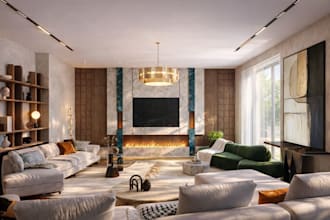 3d uptown basement interior,open plan layout, wall art decor,workout area design