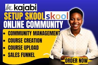 skool community setup, branding, course content, kajabi